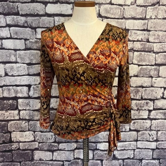 Brittany Black Tops - Brittany Black Multicolored 3/4 Sleeve Faux Wrap Blouse Size PS